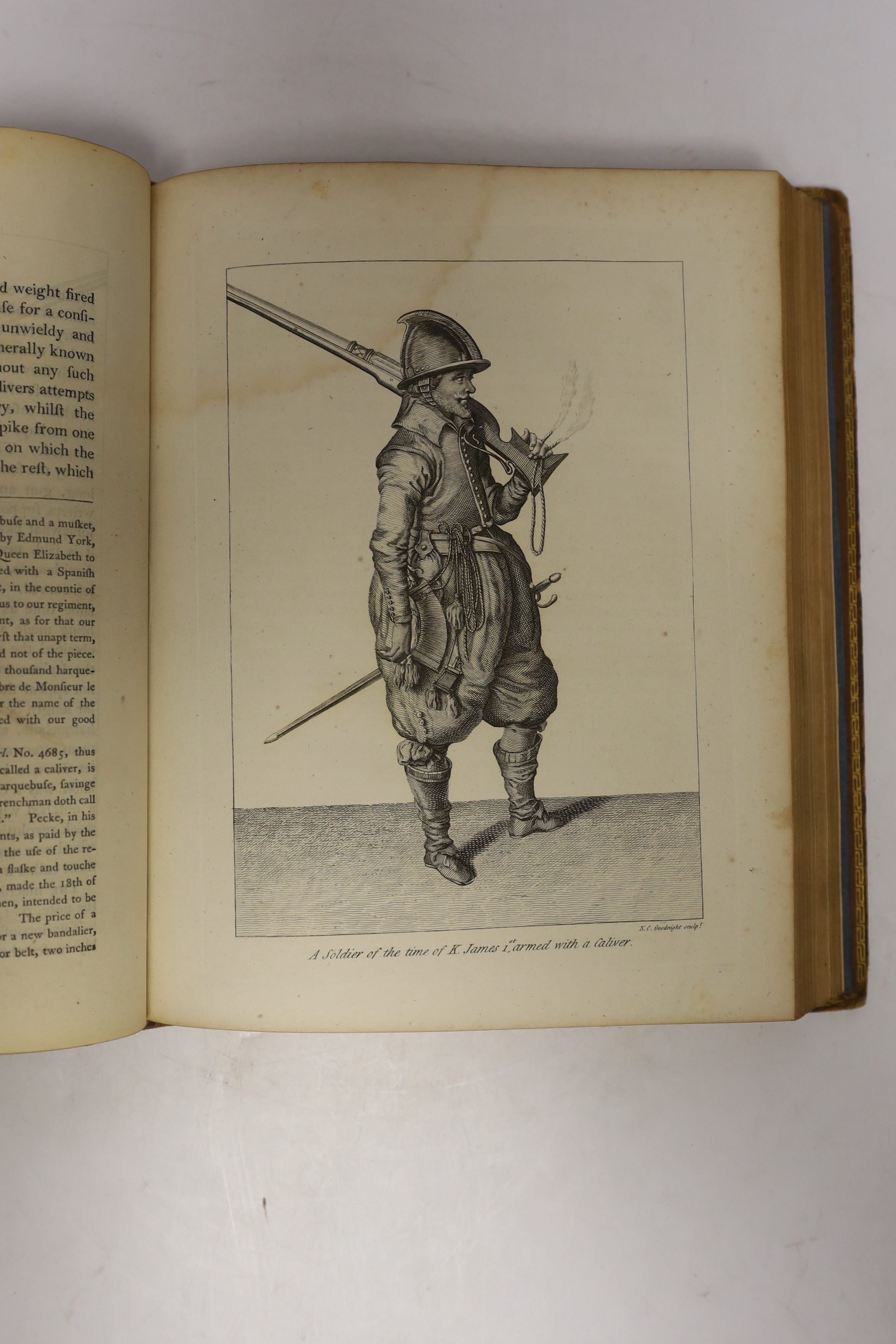 Grose, Francis - Military Antiquities respecting the History of the English Army. new edition with material additions and improvements, 2 vols. pictorial engraved titles, num. plates and plans; contemp. gilt and blind de